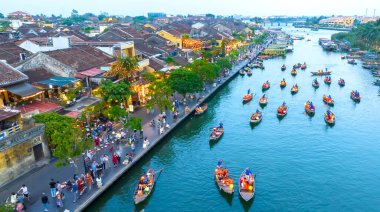 Hoi An, Vietnam - April 17th, 2024: Aerial view of Hoi An ancient town at dusk or night, this place is a UNESCO world heritage site. Hoi An is one of the most popular destinations in Vietnam clipart