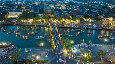 Hoi An, Vietnam - April 17th, 2024: Aerial view of Hoi An ancient town at dusk or night, this place is a UNESCO world heritage site. Hoi An is one of the most popular destinations in Vietnam clipart