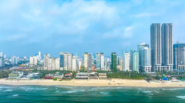 Stock image Da Nang, Vietnam - April 15th, 2024: Aerial view of Da Nang beach, Vietnam which is one of the most beautiful beach in the world.