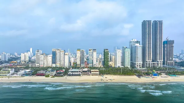 stock image Da Nang, Vietnam - April 15th, 2024: Aerial view of Da Nang beach, Vietnam which is one of the most beautiful beach in the world.