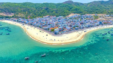 Binh Dinh Eyaleti, Vietnam 'da bir balıkçı köyünün ve geleneksel balıkçı teknesinin hava manzarası..