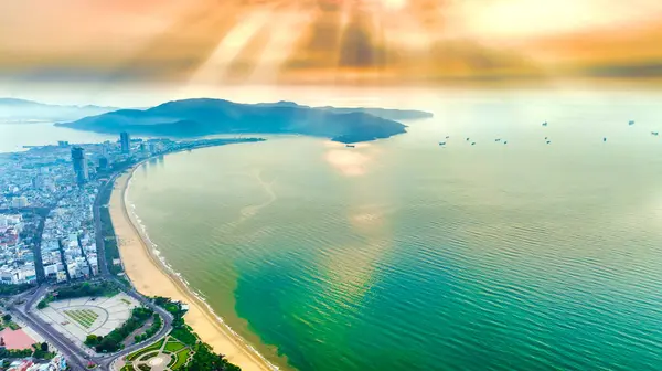 stock image The coastal city of Quy Nhon seen from above in the morning, beautiful coastline. This is a city that attracts to relax in central Vietnam