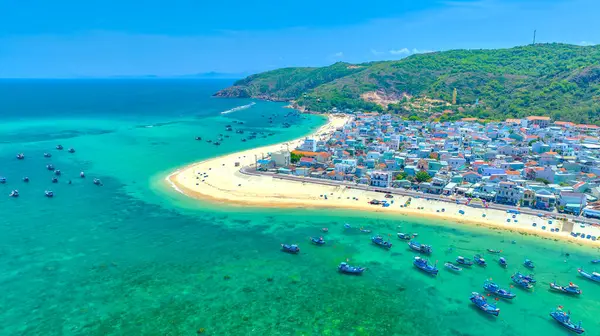 Binh Dinh Eyaleti, Vietnam 'da bir balıkçı köyünün ve geleneksel balıkçı teknesinin hava manzarası..