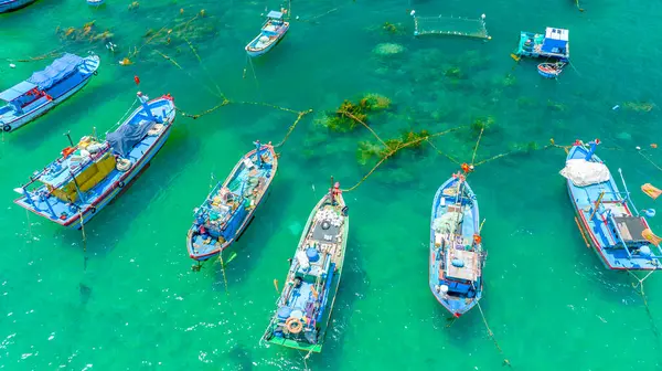 stock image Fishermen's boats moored in Nhon Hai sea, Binh Dinh province, Vietnam. View from above