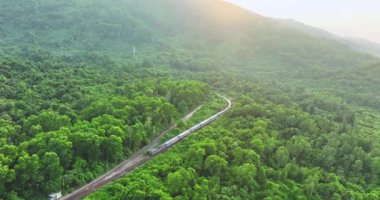 Hai Van Geçidi, Bach Ma Dağı, Hue, Vietnam 'daki tren ve demiryolu manzarası. Uzak Asya adasını kaplayan yoğun tropikal ormanı geçen trenin muhteşem manzarası. Güzel kıyı şeridi.