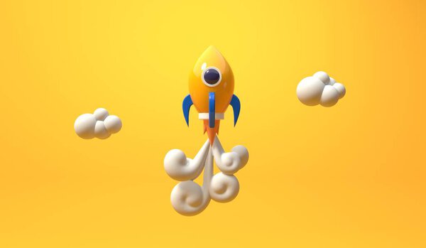 Space exploration theme with a rocket - 3D render