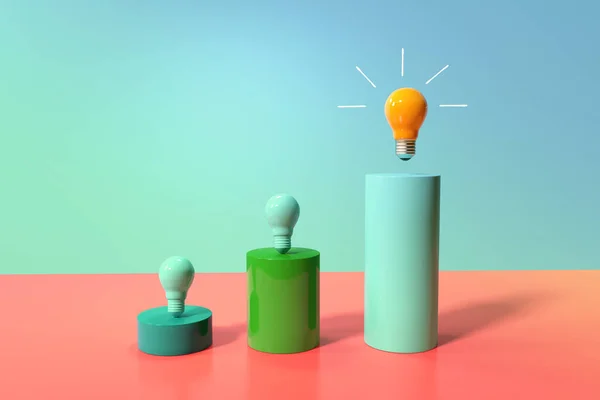 Idea light bulbs on the podiums - 3D render