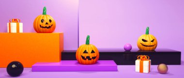 Hediye kutularıyla Cadılar Bayramı kabak hayaletleri - 3 boyutlu görüntüleme