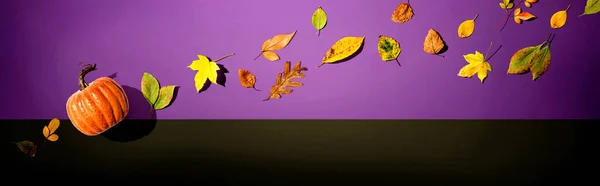 Abóbora Outono Com Folhas Coloridas Vista Aérea Flat Lay — Fotografia de Stock