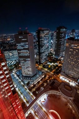 Nishi-Shinjuku, Tokyo, Japonya 'nın gece şehir manzarasının üzerinde gökdelenler yükseliyor.