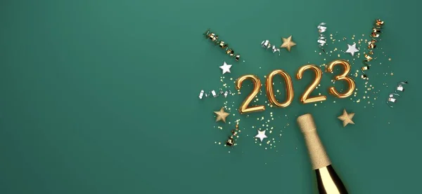 New Year 2023 Celebration Theme Champagne Bottle Confetti Render — Stock Photo, Image