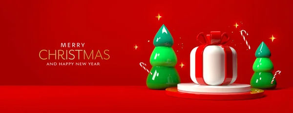 Feliz Navidad Feliz Año Nuevo Mensaje Con Cajas Regalo Árboles — Foto de Stock