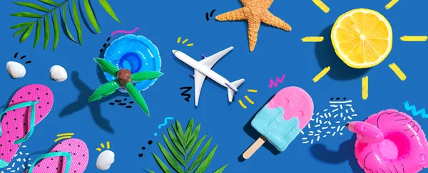 Summer Concept Airplane Popsicle Flip Flops Lemon Sunshine Flat Lay — ストック写真