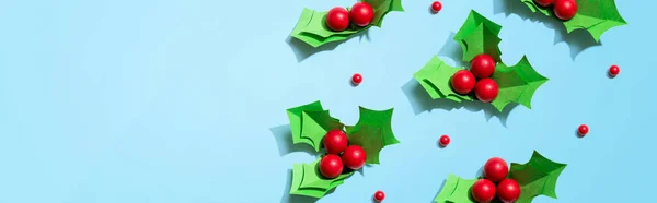 Weihnachten Stechpalme Beeren Papierbasteln Flach Legen — Stockfoto