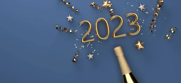 Nieuwjaar 2023 Feest Thema Met Een Champagnefles Met Confetti Render — Stockfoto