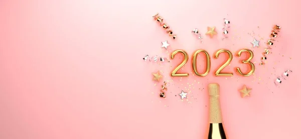 Nový Rok 2023 Slavnostní Téma Lahví Šampaňského Konfetami Vykreslení — Stock fotografie