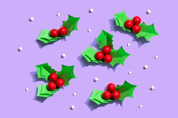 Christmas Holly Berries Paper Craft Flat Lay — Stock Photo, Image