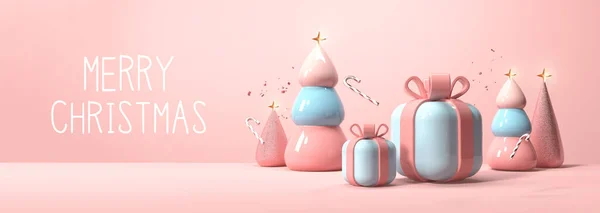 Счастливого Рождественского Сообщения Подарочными Коробками Елками Розовом Фоне — стоковое фото