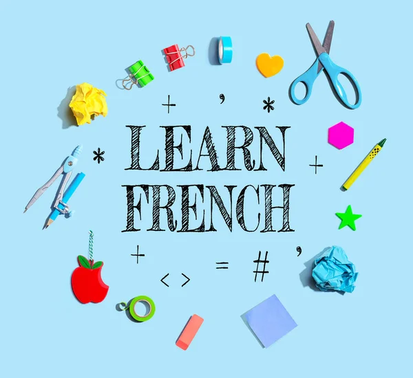 Aprender Francés Tema Con Útiles Escolares Vista Aérea Plano Laico — Foto de Stock