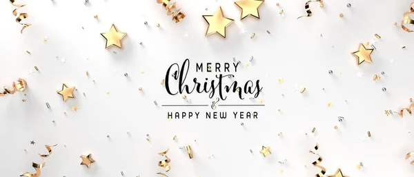 Feliz Mensaje Navidad Con Serpentinas Con Estrellas Confeti Ilustración Renderizado —  Fotos de Stock