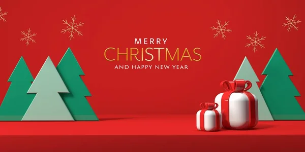 Cajas Regalo Navidad Con Árboles Render — Foto de Stock
