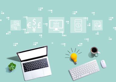 Yukarıdan gelen ampullü bilgisayarlarla Fintech temasıName