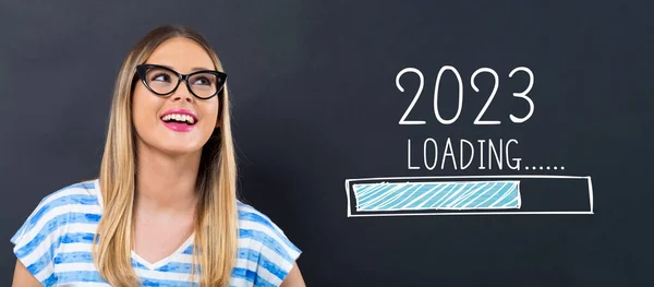 Loading New Year 2023 Happy Young Woman Front Blackboard — Stock Photo, Image