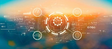 Gün batımında ya da gün doğumunda bulanık şehir manzaralı gelecek teknolojisi kavramı