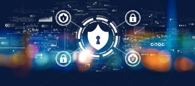 Geceleri bulanık şehir ışıklarıyla siber güvenlik teması