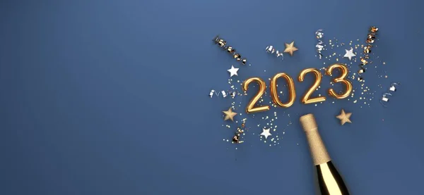 New Year 2023 Celebration Theme Champagne Bottle Confetti Render — Stock Photo, Image