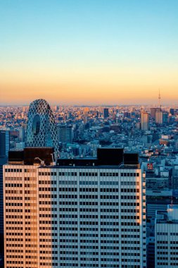 Gün batımında Japonya 'nın Nishi-Shinjuku şehrinde gökdelenler yükseliyor.