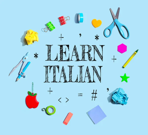 Learn Italian Theme School Supplies Overhead View Flat Lay — Foto de Stock
