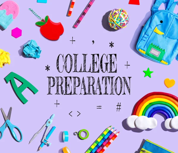 College Preparation Thema Mit Schulmaterialien Auf Lila Hintergrund Flache Lage — Stockfoto