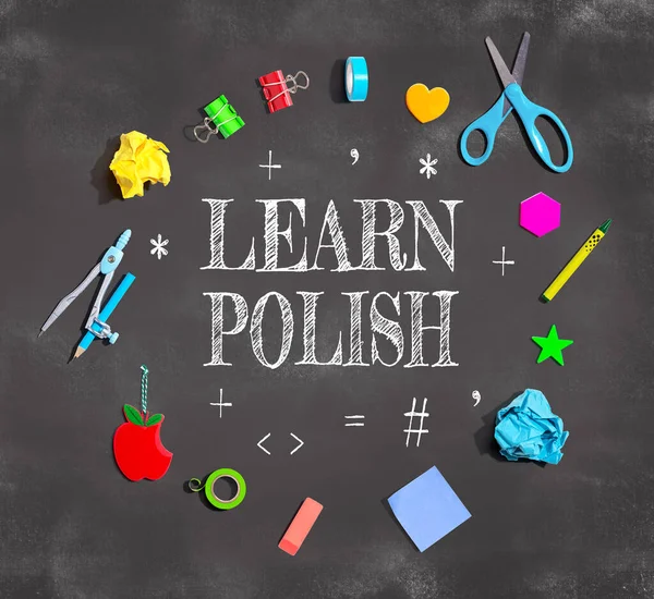 Learn Polish Theme School Supplies Chalkboard Flat Lay — Stok fotoğraf