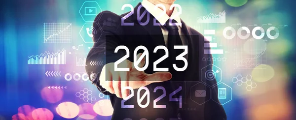 2023 Conceito Ano Novo Com Homem Negócios Fundo Brilhante — Fotografia de Stock