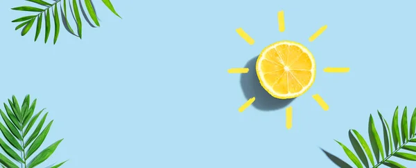 Літня Концепція Лимонним Сонячним Світлом Пальмовим Листям Плоска — стокове фото