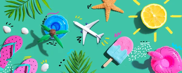 Summer Concept Airplane Popsicle Flip Flops Lemon Sunshine Flat Lay — Fotografia de Stock
