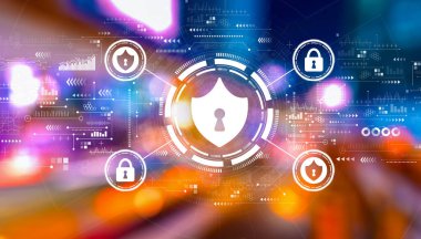 Geceleri şehir ışıklarıyla siber güvenlik teması