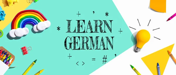 Learn German Theme School Supplies Overhead View Flat Lay — Stok fotoğraf