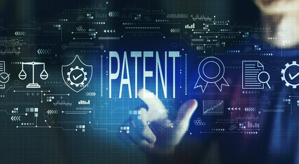 Patent Concept Young Man Touching Digital Screen Night — Fotografia de Stock