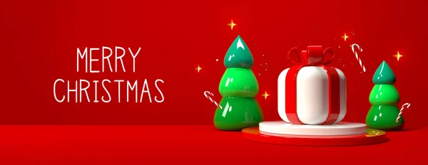 Счастливого Рождественского Сообщения Подарочными Коробками Елками Красном Фоне — стоковое фото