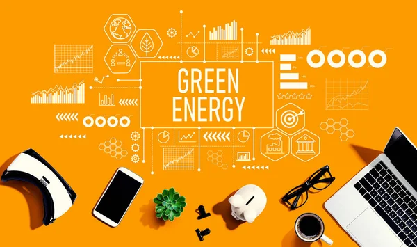 Concepto Energía Verde Con Aparatos Electrónicos Suministros Oficina Planas —  Fotos de Stock