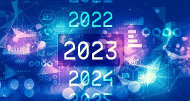 Teknoloji ile 2023 Yeni Yıl konsepti soyut ışık arkaplanını bulanıklaştırdı
