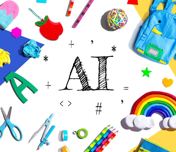 stock image AI theme with school supplies overhead view - flat lay