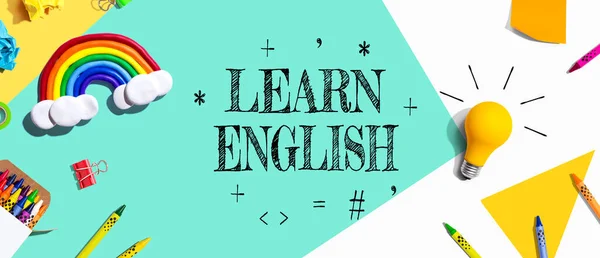 Learn English Theme School Supplies Overhead View Flat Lay — Stok fotoğraf