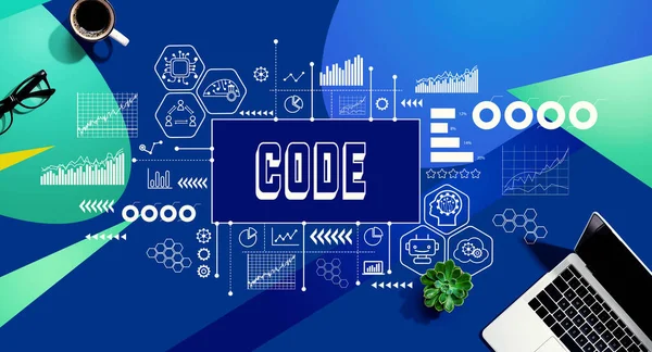 Code Mit Einem Laptop Computer Auf Blauem Und Grünem Hintergrund — Stockfoto