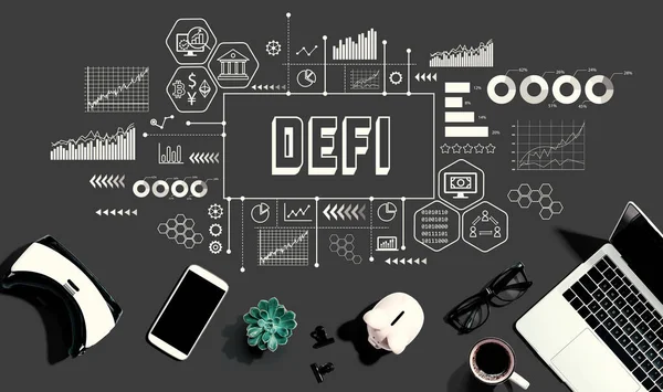 Defi Decentralized Finance Theme Electronic Gadgets Office Supplies Flat Lay — Photo