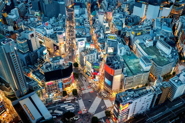 Letecký Pohled Křižovatku Shibuya Scramble Tokiu Japonsko Při Západu Slunce — Stock fotografie