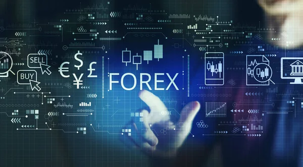 Forex Trading Concept Young Man Touching Digital Screen Night — Stock Photo, Image