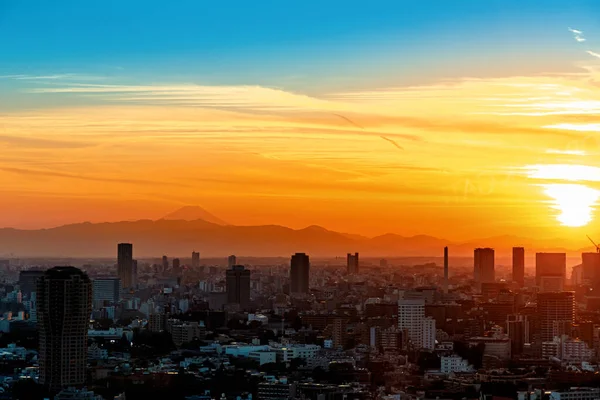 Aerial View Skyline Sunset Mount Fuji Background Tokyo Japan — Stock Photo, Image